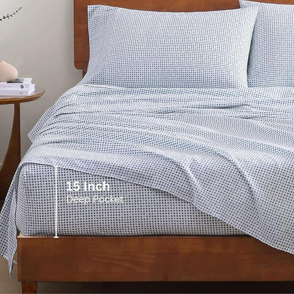 LANE LINEN 100% Organic Cotton Printed King Size Bedding Sheets & Pillowcases Set -Soft & Comfy Breathable Percale Sheet Seasons, 15" Deep Pocket Printed King Sheets - Polka Dot