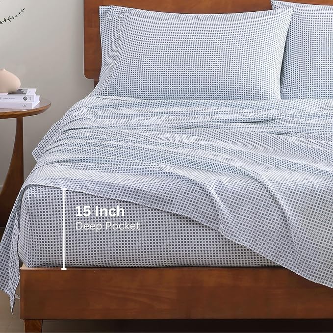 LANE LINEN 100% Organic Cotton Twin Sheets Set - 3 PC Bedding Sheets & Pillowcases - Breathable & Cooling Bed Sheets - Deep Pocket up to 15", Sheets for Twin Size Bed: Polka Dot (Blue)