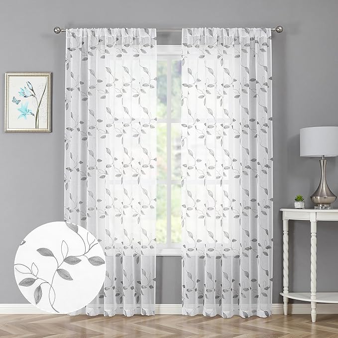 Tollpiz Grey Leaf Sheer Curtain Leaves Embroidered Living Room Curtains Rod Pocket Voile Window Treatment for Bedroom, 54 x 72 inches Long, Set of 2 Panels