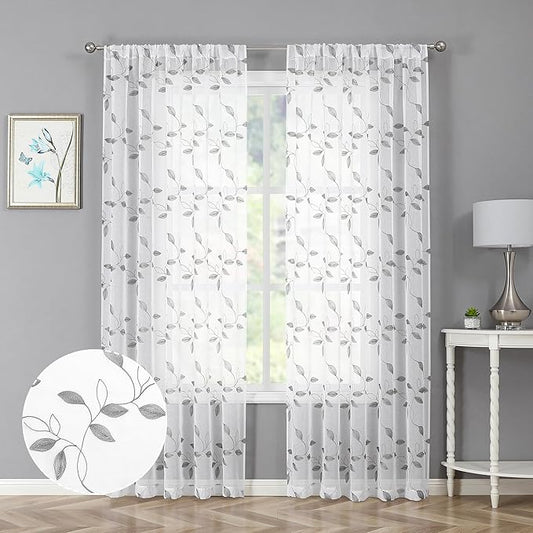 Tollpiz Grey Leaf Sheer Curtain Leaves Embroidered Living Room Curtains Rod Pocket Voile Window Treatment for Bedroom, 54 x 72 inches Long, Set of 2 Panels