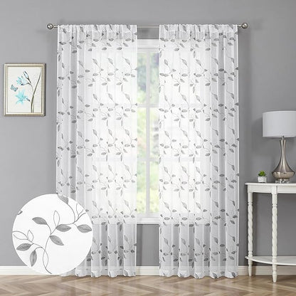 Tollpiz Grey Leaf Sheer Curtains Leaves Embroidered Bedroom Curtain Rod Pocket Voile Window Treatment for Living Room, 54 x 84 inches Long, Set of 2 Panels