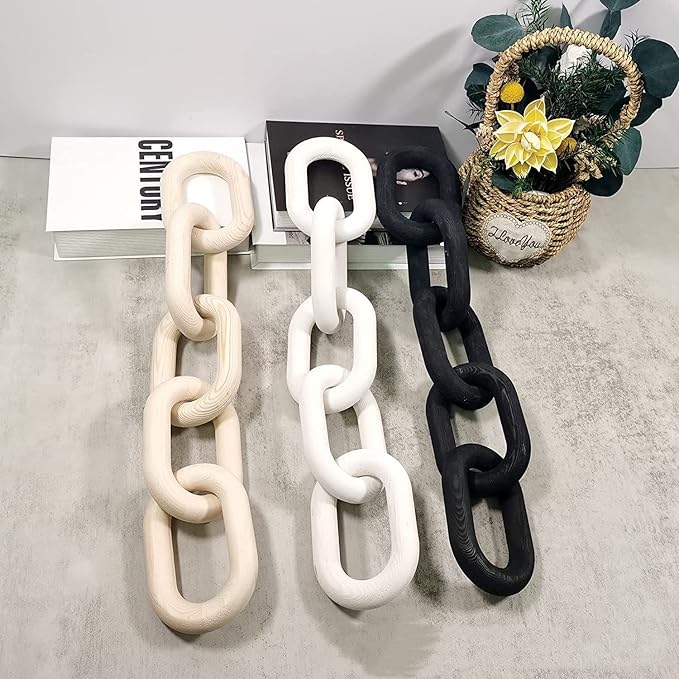 Decorative Wood Chain Link Modern Boho Home Farmhouse Decor, 5 Link Chain Decor Hand-Carved Wooden Aesthetic Crafts, Sustainable Pine Wood for Shelf, Living Room, Rustic Country