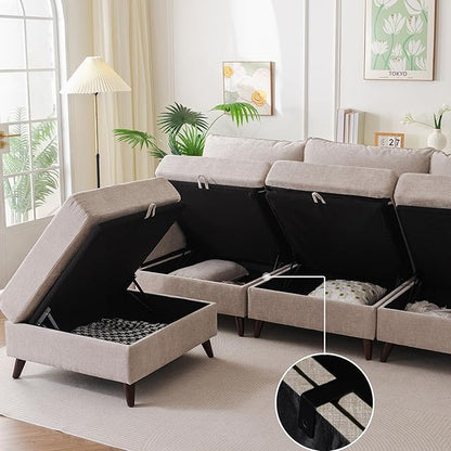 104'' Modular Sectional Sofa with Seats Storage,Oversized Sleeper Sofa Bed,Comfy Cloud Couches with Deep Seat,Couches for Living Room,Movable Ottoman,2 Throw Pillow,Chenille,Khaki