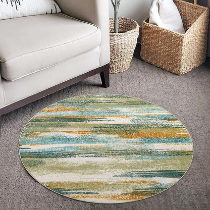 Modern Abstract Round Rug 3Ft, Green Mustard Multi Round Rug Washable Non-Slip Soft Small Circle Rug, Circular Entryway Rug Thin Print Faux Wool Carpet for Bedroom Living Room Office