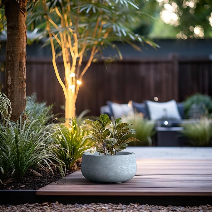 Kante 15.7" Dia Round Concrete Planter, Cement Plant Pots with Drainage Hole and Rubber Plug for Outdoor Indoor Garden Home, Modern Curvaceous Design, Gray