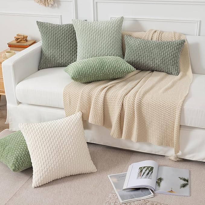 Kevin Textile Throw Pillow Covers Soft Corduroy Decorative Set of 2 Boho Striped Pillow Covers Pillowcases Farmhouse Home Decor for Couch Bed Sofa Living Room 16x16 Inch Greyish Green