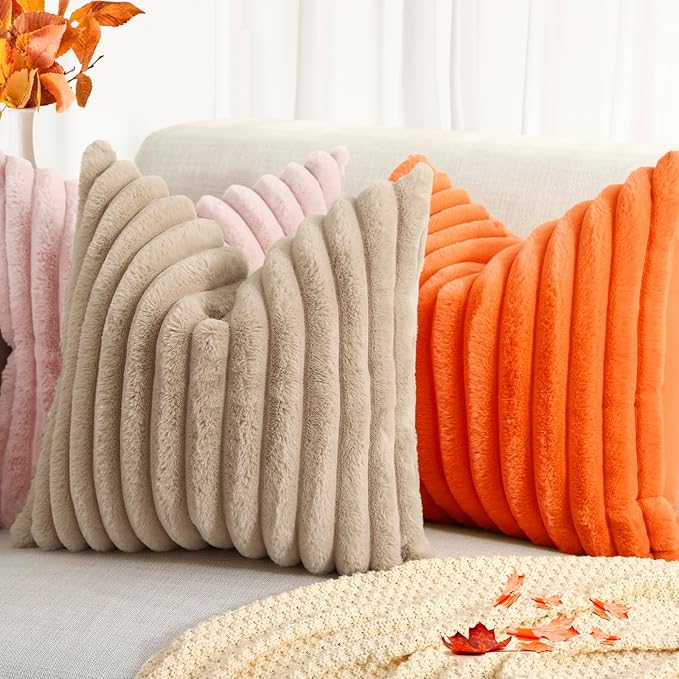 decorUhome Faux Fur Spring Throw Pillow Covers 20x20 Set of 2, Decorative Soft Plush Striped Neutral Couch Pillow Covers with Velvet Back for Sofa, Bed, Living Room Home, Orange