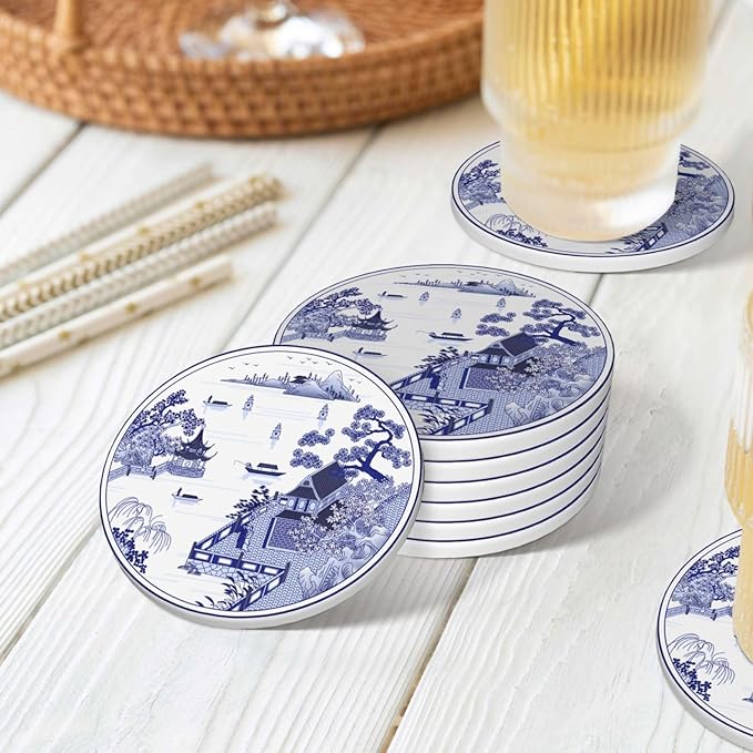 6 Pcs Ceramic Coasters with Holder Absorbent Drink Round China Blue and White Porcelain Royal Collection Design for Home Table Coffee Cup Wine Beer Bar,Size 4 inches