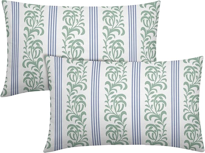 Blue Green Floral Lumbar Pillow Covers 12x20 Set of 2 Spring Vitage Flower Striped Pattern Rustic Decorative Outdoor Farmhouse Boho Pillowcases Decorations Throw Cushion Cover Decor for Couch Sofa Bed
