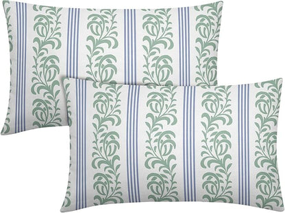 Blue Green Floral Lumbar Pillow Covers 12x20 Set of 2 Spring Vitage Flower Striped Pattern Rustic Decorative Outdoor Farmhouse Boho Pillowcases Decorations Throw Cushion Cover Decor for Couch Sofa Bed