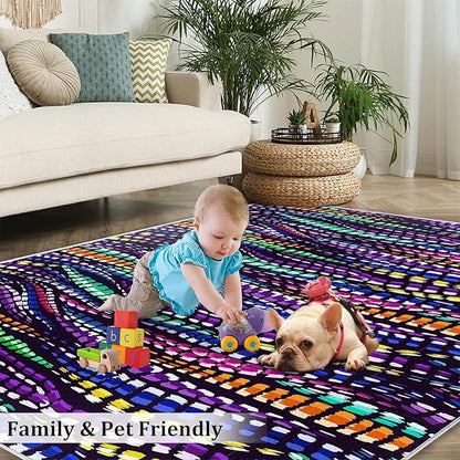 Trippy Creative Colorful Geometric Lines Area Rug, Modern Creative Bohemian Style Print Large Carpet, Machine Washable Breathable Durable Carpet for Front Entrance Floor Living Room Decor,6 x 8ft