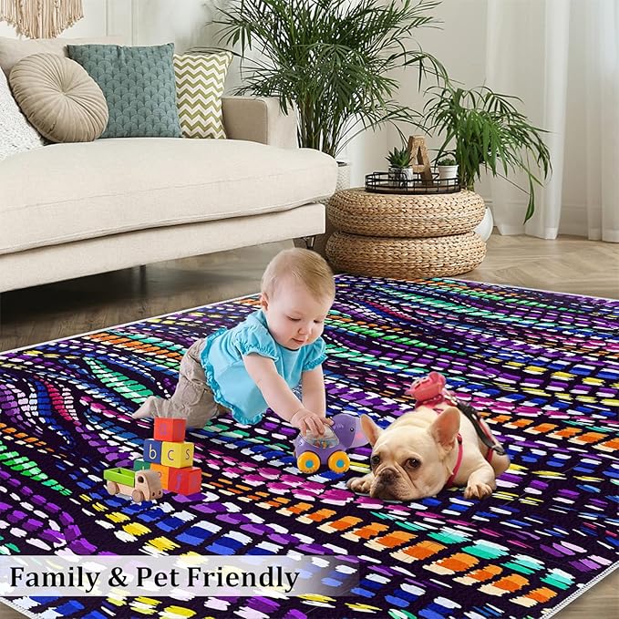 Trippy Creative Colorful Geometric Lines Area Rug, Modern Creative Bohemian Style Print Large Carpet, Machine Washable Breathable Durable Carpet for Front Entrance Floor Living Room Decor,3 x 5ft