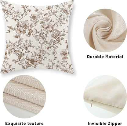 Brown Pillow Covers 18x18 Set of 2 Brown and Cream Floral Chinoiserie Throw Pillows Vintage Rustic Toile Flower Decorative Pillow Cases Outdoor Chinoiserie Decor Cushion Case for Couch Sofa