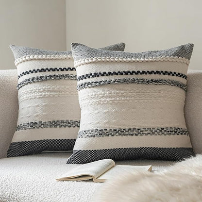 Boho Throw Pillow Covers 18x18 Inch Set of 2, Black Textured Decorative Couch Pillow Cases for Farmhouse Home Decor, Accent Cushion Cover for Sofa, Bed, Living Room, Bedroom