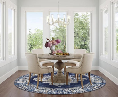 vivorug Round Rug 5ft Vintage Round Area Rug Non-Slip Indoor Carpet for Living Room Bedroom Entryway, Stain Resistant Home Decor Circle Rug, Navy Blue