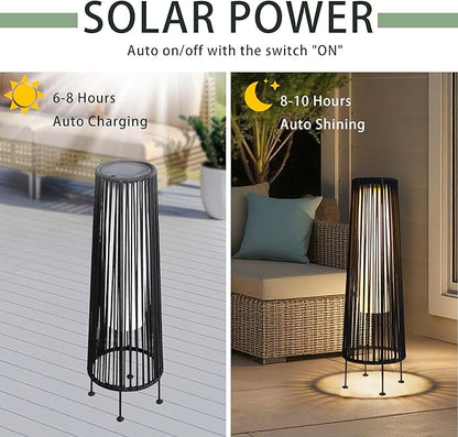 TRIROCKS Outdoor Floor Lamp 2 Piece Solar Powered Lantern Wicker Solar Patio Lamp with Olifen Rope Waterproof Rattan Outside Solar Deck Light for Patio Garden Lawn Yard (Black)