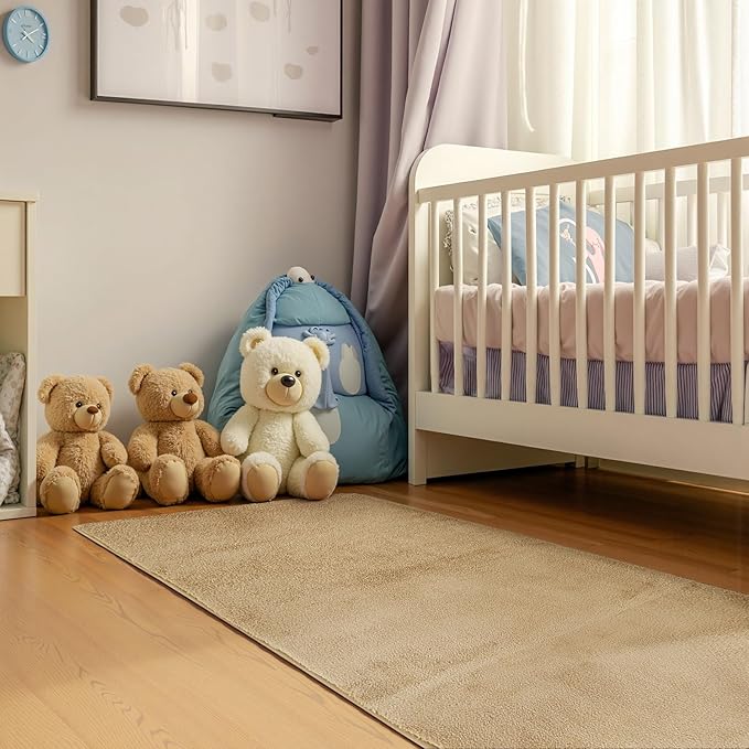jinchan Solid Plush Runner Rug 2x6 Performance Shaggy Washable Hallway Rug Soft Modern Faux Wool Cozy Non Slip Carpet for Bedroom Laundry Room Living Room Kids Nursery Tan