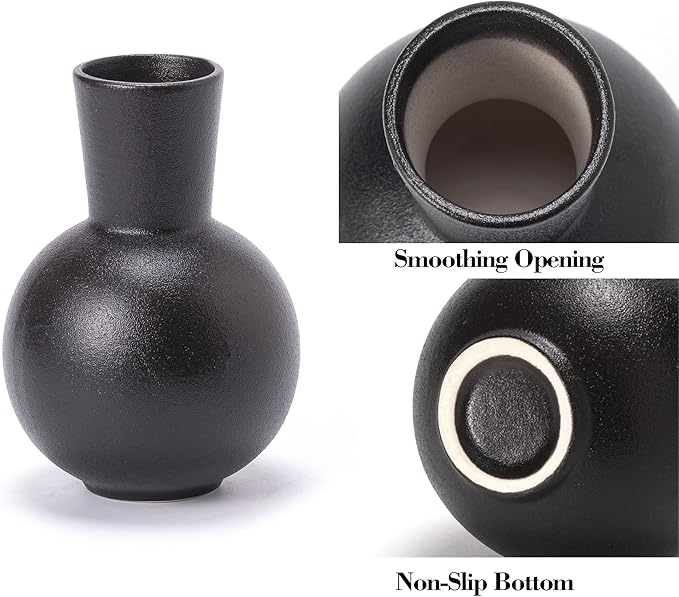 Black Ceramic Flower Vase Set of 4, Modern Farmhouse Decorative Vases for Bookshelf,Dining Room Coffee Console Table Centerpieces