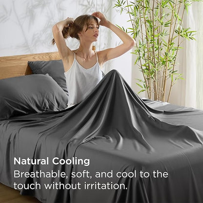 Bedsure King Size Sheets Set, Cooling Sheets for Hot Sleepers, Rayon Derived from Bamboo, Breathable & Soft, Deep Pocket Up to 16 Inches, Hotel Luxury Silky Bedding, Grey