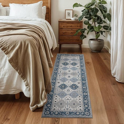 Lessymo Washable Hallway Runner Rug 2x6, Moroccan Faux Wool Runner Rugs Non Slip for Kitchen Entryway Laundry Room Bedroom, Low Pile Multicolor Oriental Rug, Kid & Pet Friendly, Muted Blue and Gray