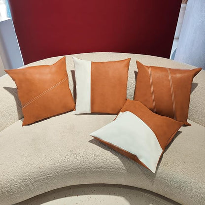 Faux Leather Throw Pillow Covers 18X18 Inch Outdoor Modern Farmhouse Solid Decorative Pillow Covers for Room Couch Living Bedroom Bed Sofa White&Brown Splicing