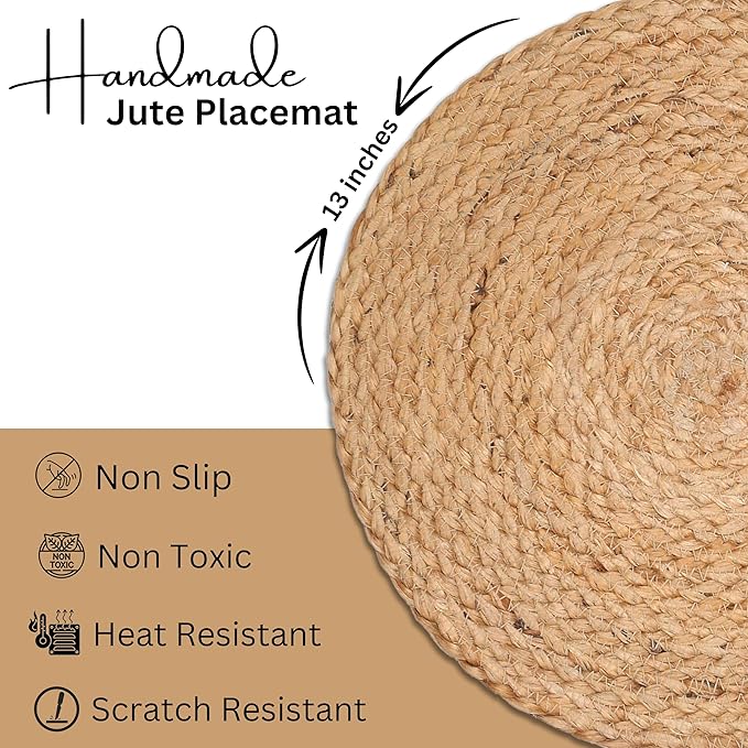 Farmhouse Jute Braided Placemat Set of 4 - Round Hand Beaded Charger Placemat -Hand Made by Skilled artisans - A Beautiful complement to Your Dinner Table décor - Natural - 13 Inch Round