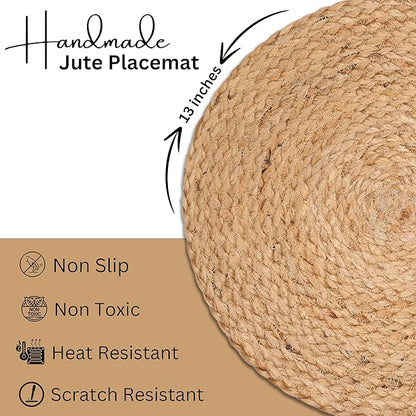 Farmhouse Jute Braided Placemat Set of 4 - Round Hand Beaded Charger Placemat -Hand Made by Skilled artisans - A Beautiful complement to Your Dinner Table décor - Natural - 13 Inch Round