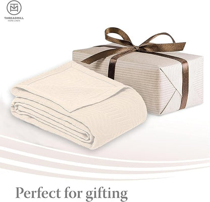 Threadmill Luxury Cotton Blankets for King Size Bed | All-Season Cozy 100% Cotton King Size Blanket | Aster Jacquard Soft & Lightweight Coverlet fits California King Size Bed, 104x92 | Vanilla Cream