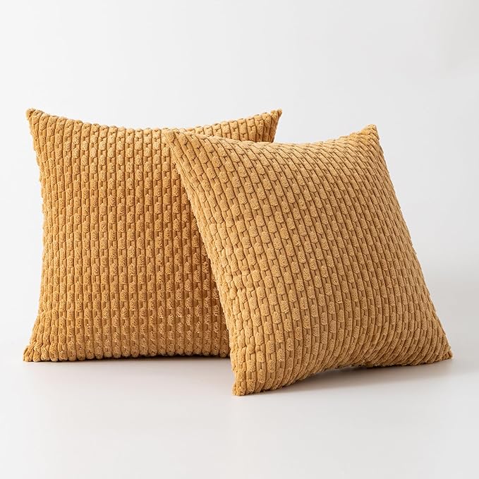 Kevin Textile Throw Pillow Covers Soft Corduroy Decorative Set of 2 Boho Striped Pillow Covers Pillowcases Farmhouse Home Decor for Couch Bed Sofa Living Room 26x26 Inch Gold