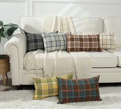 Stellhome Pack of 2 Fall Lumbar Linen Buffalo Check Throw Pillow Covers Autumn Farmhouse Plaid Cushion Cover Rustic Retro Decor for Bed Couch Sofa Bench, 12 x 20 Inch, Beige