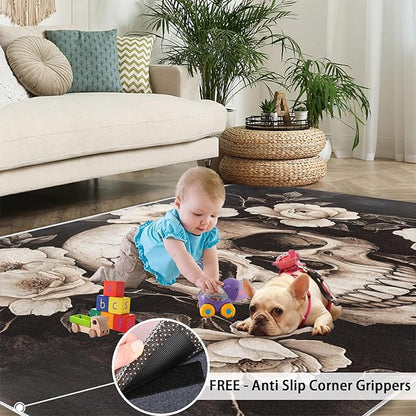 Skull Washable Rugs 2x3 Rug for Living Room, Floral 2x3 Rug Gothic Low-Pile Carpet for Bedroom Dining Non Slip Mat with Rubber Back