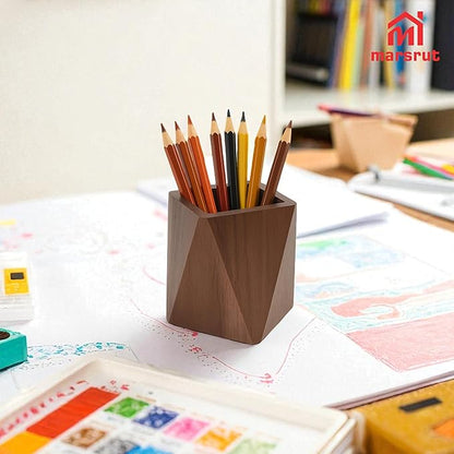 Geometric Pencil Holder, Wooden Pen Holder, Wood Cute Prismatic Storage Pot Cup Organizer Stand, Black Walnut, Multi-functional Accessories for Desktop, Office, School Supplies, Makeup Brushes, Home