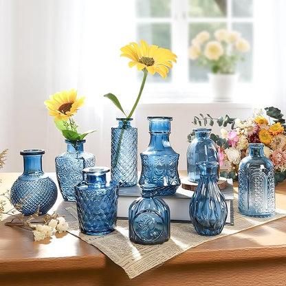 Blue Bud Vases in Bulk 24, Vintage Small Vases for Flowers, Mini Glass Vase for Centerpieces, Wedding Table Decoration, Party Event, Decorative Vase Set for Home Decor, Baby Shower, Office