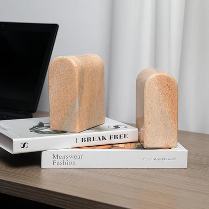 Luxury Marble Bookends for Shelves, 13LB Heavy Duty Marble Book Ends for Heavy Books, Stone Bookends Decorative, Polished, Orange Arch, Set of 2