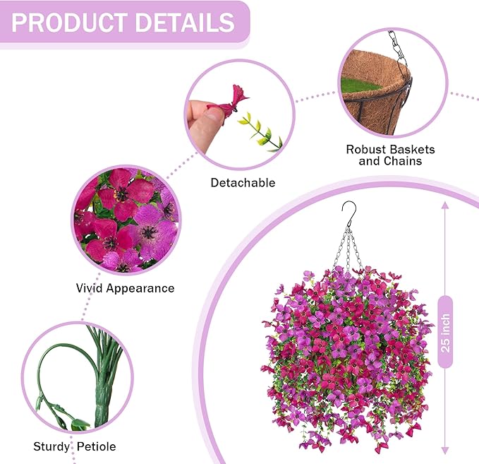 Artificial Hanging Flowers Plants with Basket for Outdoors, Realistic Faux Silk Daisy Flower Eucalyptus for Spring Decor, UV Resistant Fake Plants for Porch Patio Yard Balcony, Purple Violet
