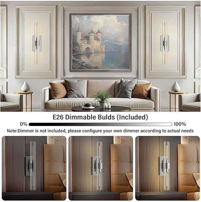22.8in Nickel Wall Sconces Set of 2, Wall Lighting Fixtures with Clear Glass, Mounted Lamps for Bedroom, Bathroom, Living Room, Hallway
