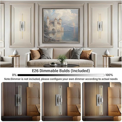22.8in Nickel Wall Sconces Set of 2, Wall Lighting Fixtures with Clear Glass, Mounted Lamps for Bedroom, Bathroom, Living Room, Hallway