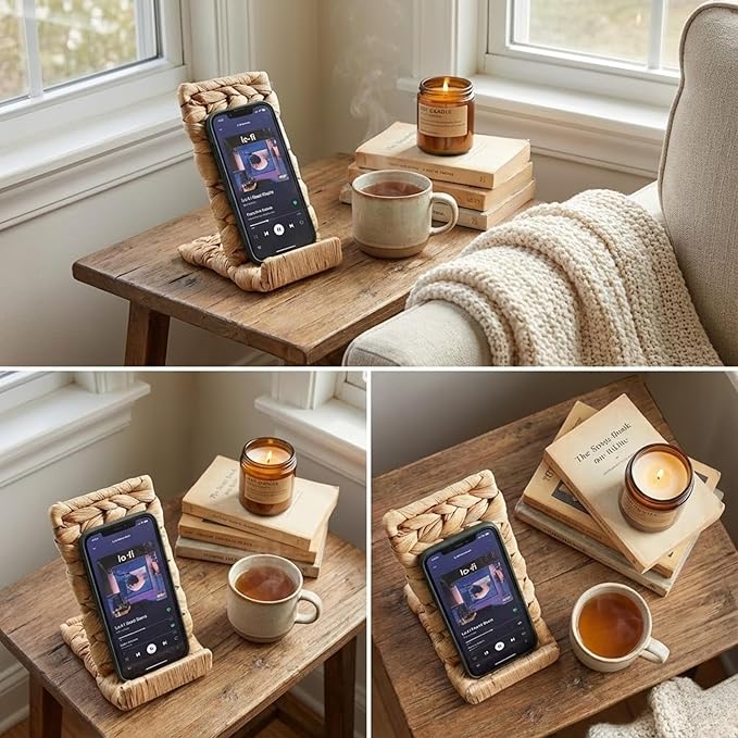 Ahyra Wicker Cell Phone Stand for Desk, Sturdy Tablet & E-Reader Holder, Handcrafted Woven Art Piece, Scratch-Free Cradle, Boho Desk Decor