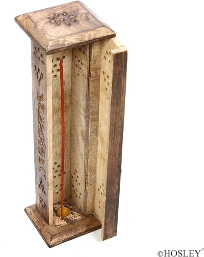 Hosley Hand-Carved Wooden Incense Stick Holder Tower – Tall Decorative Burner Box with Hinged Door for Aromatherapy, Meditation, Yoga, Home & Office Décor (Includes 20 Incense Sticks)