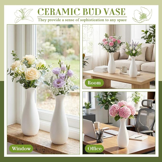 Qinyoung White Ceramic Bud Vase Set of 8, 8'' Small White Flower Vase for Centerpieces Floral Decor for Wedding Party Dining Table Home Decoration(Stylish)