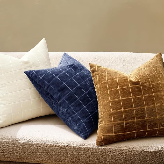 MIULEE Decorative Chenille Check Throw Pillow Covers Vintage Plaid Couch Pillows 18x18 Inch Set of 2 Neutral Boho Farmhouse Cushion Covers Modern Home Decor for Sofa Bed Living Room Brown Sugar