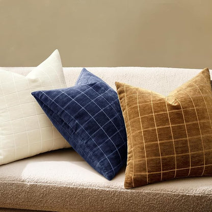 MIULEE Decorative Chenille Check Throw Pillow Covers Vintage Plaid Couch Pillows 18x18 Inch Set of 2 Neutral Boho Farmhouse Cushion Covers Modern Home Decor for Sofa Bed Living Room Brown Sugar