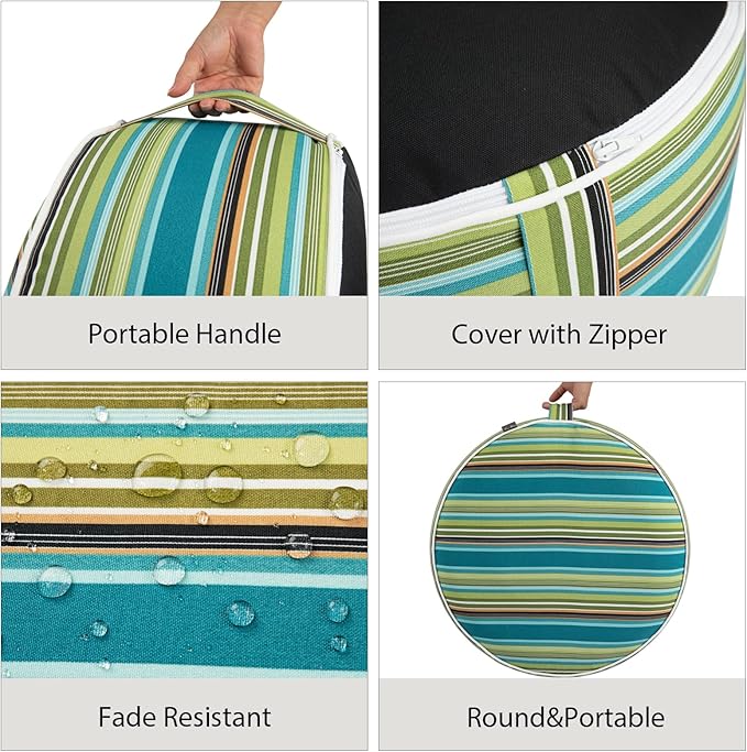 Inflatable Outdoor Ottoman with Air Pump,20"x9" Portable Patio Pouf,Water Resistant,Fade-Resistant,Round Blow Up Footrest Stools for Home Garden Camping Travel(Green Stripe)