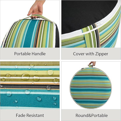 Inflatable Outdoor Ottoman with Air Pump,20"x9" Portable Patio Pouf,Water Resistant,Fade-Resistant,Round Blow Up Footrest Stools for Home Garden Camping Travel(Green Stripe)