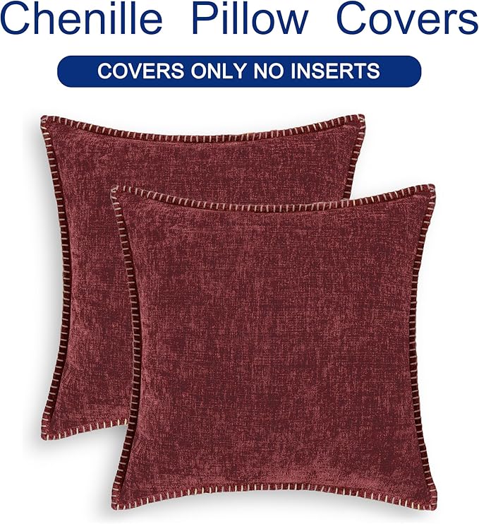 CaliTime Christmas Throw Pillow Covers Decorative 18 X 18 Inches Pack of 2 Cotton Thread Stitching Edges Solid Dyed Soft Chenille Cushion Cases for Couch Sofa Bed Living Room Farmhouse Burgundy