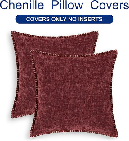 CaliTime Christmas Throw Pillow Covers Decorative 16 X 16 Inches Pack of 2 Cotton Thread Stitching Edges Solid Dyed Soft Chenille Cushion Cases for Couch Sofa Bed Living Room Farmhouse Burgundy