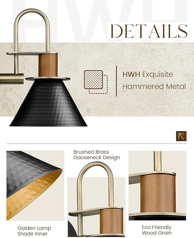 Modern Wall Sconces Set of Two, HWH Industrial Sconce Wall Lighting Indoor Wall Lamp, 1-Light Barn Vanity Light, Hammered Metal Shade, Black and Gold Finish, 5HZG74B-2 BK+BG