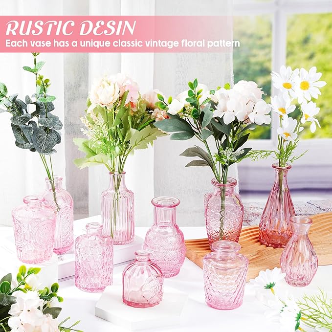 Inbagi Glass Vase Set, 20 Pcs Vintage Flower Vases in Bulk, Different Shapes and Sizes, Pink, for Decorative Centerpieces, Rustic Home Christmas Decoration