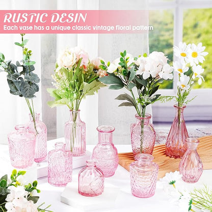 Inbagi Glass Vase Set, 20 Pcs Vintage Flower Vases in Bulk, Different Shapes and Sizes, Pink, for Decorative Centerpieces, Rustic Home Christmas Decoration