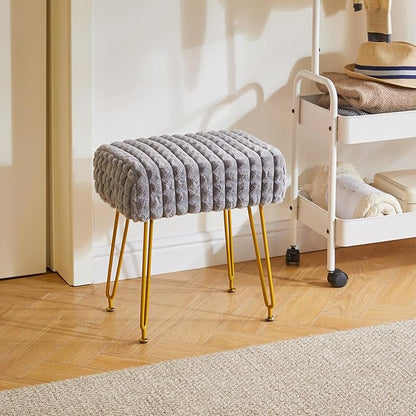 IBUYKE Rectangular Footrest Stool Ottoman, Makeup Vanity Stool Side Table, Velvet Dressing Table Seat, Footstool Chair, Golden Steel Legs, for Makeup Room, Bedroom, Square Grid Pattern, Grey WBD003G